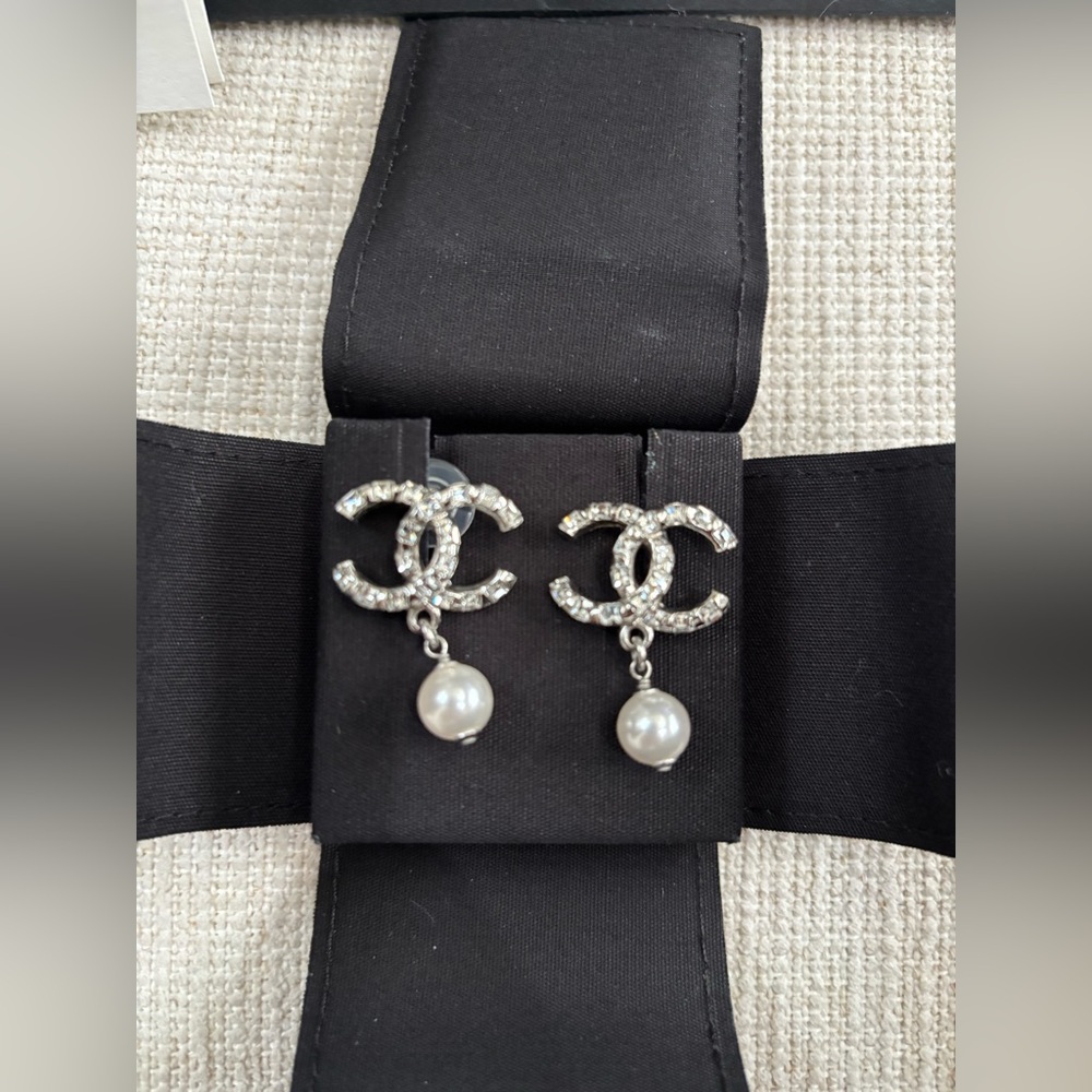 Authentic CHANEL Silver White Crystal Drop Earrings